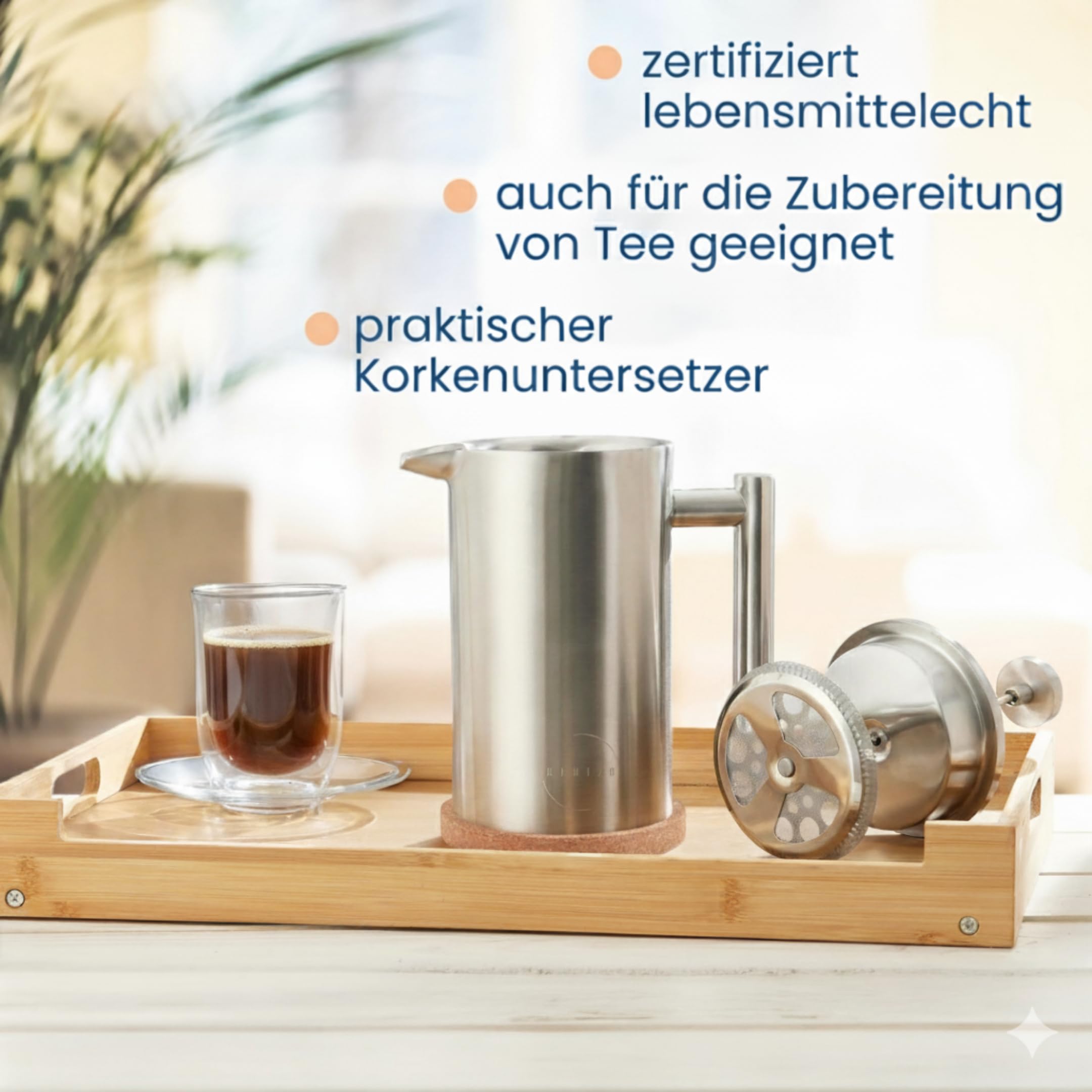 French Press - Cafetera de acero inoxidable cepillado, incluye 3 filtros de repuesto y posavasos de corcho, doble pared con función de mantenimiento del calor, 1 litro, 5 tazas