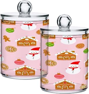 Christmas Gingerbread Clear Plastic Jars with Lids 2 Pack Qtip Holder Dispenser for Cotton Ball Swab, 14Oz Versatile Apothecary Jar Canisters Storage Organizer for Bathroom Kitchen