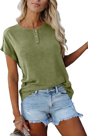 APOFER Womens Casual Short Sleeve T-Shirts Summer Basic Crew Neck Loose Fit Henley Shirts