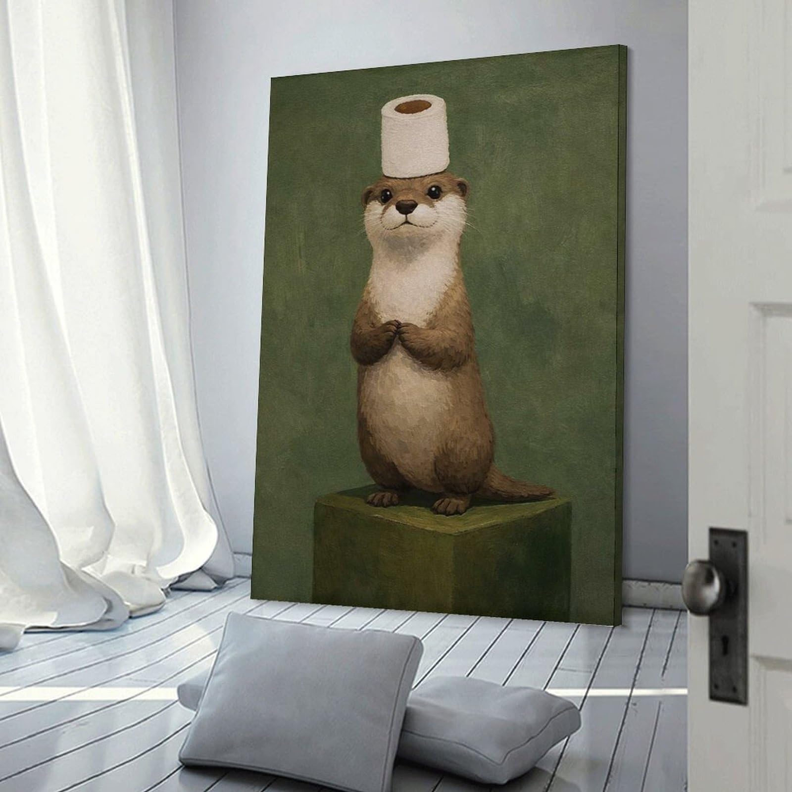 Junmoney Canvas Wall Picture Otter Wearing Toilet Paper Hat, 12x18inch(30x45cm), for Home Lounge, Bedroom Or Reading Nook, A Home Accent with Warm Character