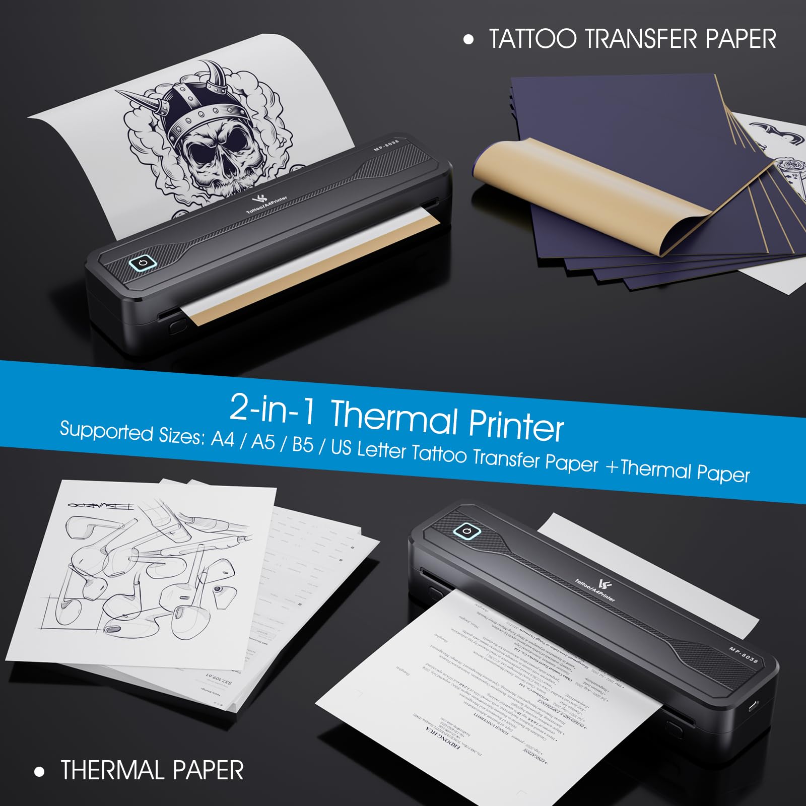 TATELF Stampante Stencil Tatuaggi Wireless A4 Termica Bluetooth | Batteria 2600mAh, 10 Fogli Carta Trasferibile, Compatibile iOS Android Win Mac, Senza Inchiostro Linee Precise per Tatuatori