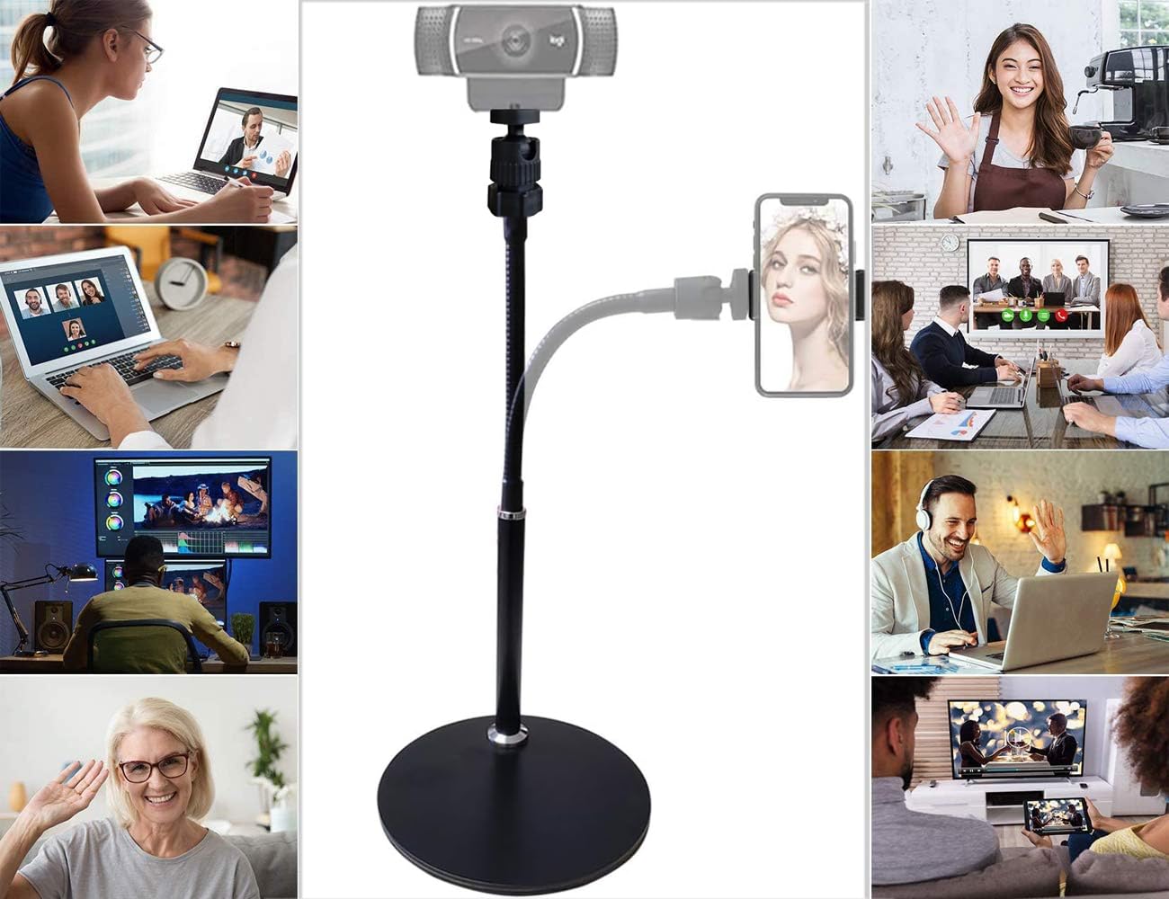 Tencro Support de téléphone flexible pour webcam - Col de cygne - Pour téléphones portables, webcam Logitech C922 C930e C920S C920 C615 et autres appareils avec filetage de 6,35 mm