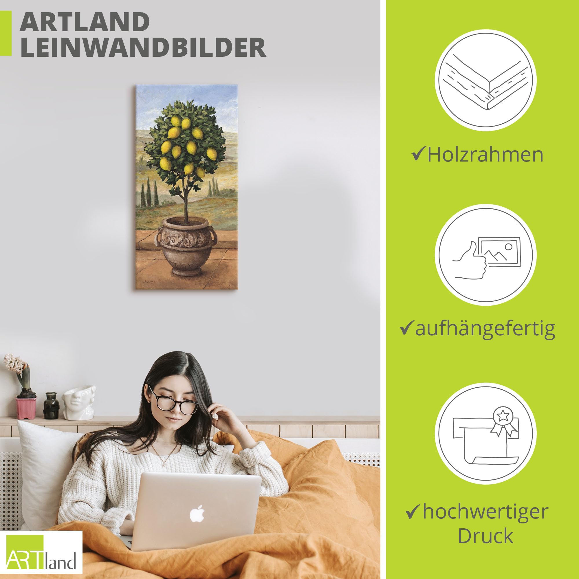 ARTLAND Wanddeko Leinwand Bilder Wandbild 50x100 cm Toskana Zitrone Baum Italien Landschaft Mediterran Botanik Terracotta T4MN