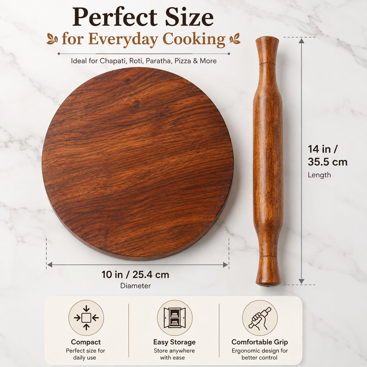 CRAFTONE Holz Chakla Belan Set 10 Zoll - Rundes Holz Nudelbrett mit Nudelholz Perfekt für die Herstellung von Chapati, Roti, Paratha, Pizzateig, Tortilla, Kuchenkruste, Gebäck, Kekse & Fladenbrot