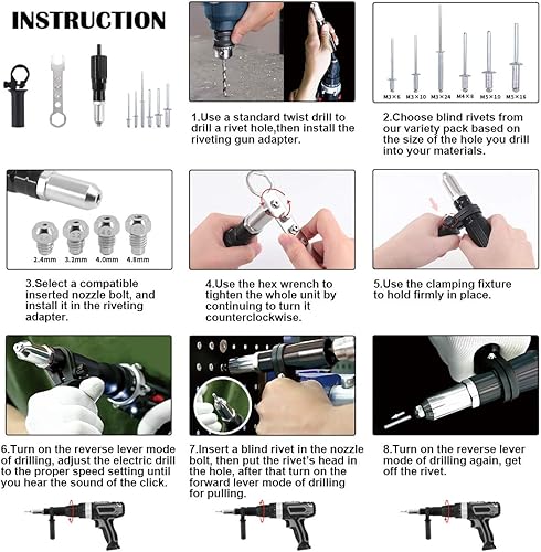 Miniatura 7 de Hilitchi Kit adaptador profesional de pistola remachadora con 210 remaches surtidos de aluminio M3 M4 M5, 4 tornillos de boquilla a juego, llave y