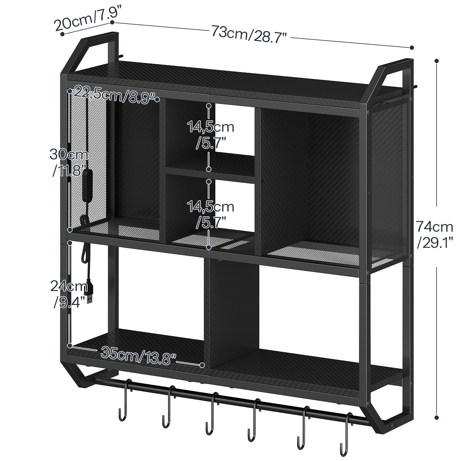 HOOBRO Mensola da Muro a 4 Livelli, Mensola da Cucina a LED, Scaffale Verticale a Parete, Galleggiante con Striscia LED, 6 Ganci, per Sala Giochi, Cucina, Bar Caffè, Bar, Nero EBB70DBJ01