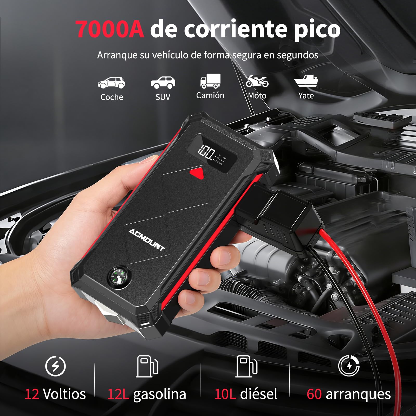 Arrancador de Coches 7000A, Arrancador de Baterias de Coche Booster Bateria 12V (hasta 12L Gasolina y 10L Diésel) con Pantalla LCD, Linterna LED de 600 Lúmenes
