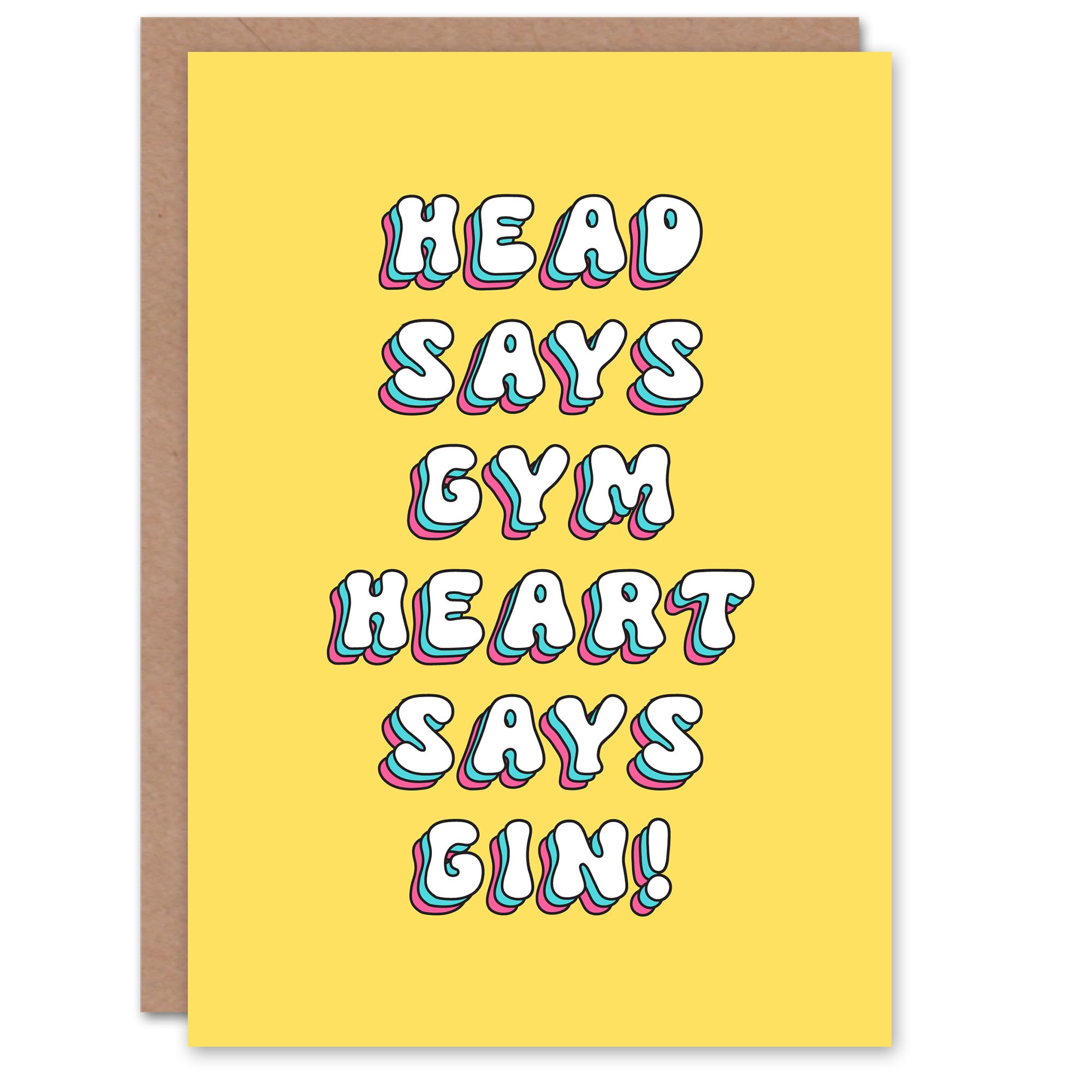 Artery8 Greeting Card Head Says Gym Heart Gin Funny Retro Yellow For Her Woman Wife Sister Daughter Mum Birthday Card