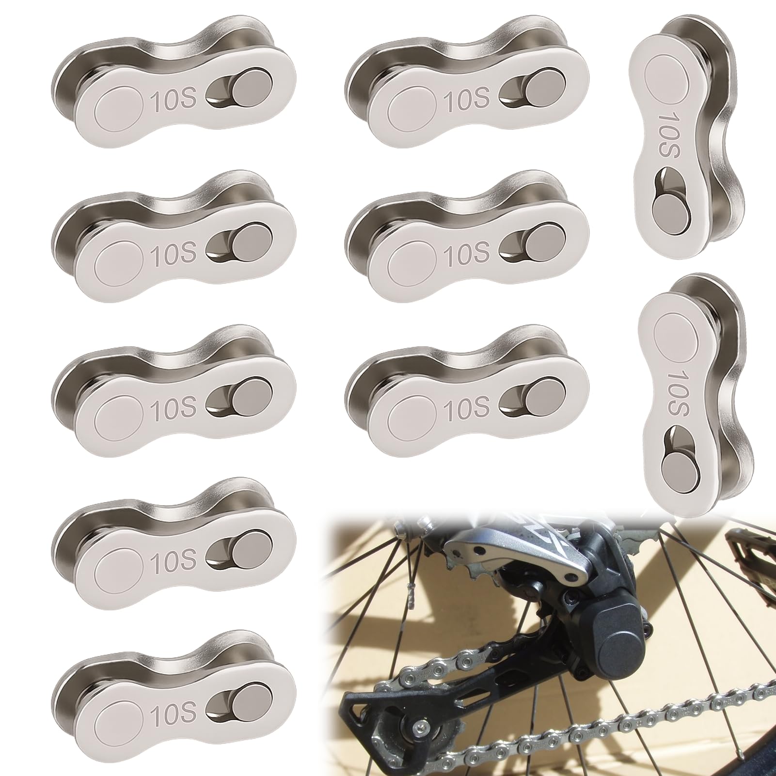 Menibeuty Lot de 10 Paires Maillon Rapide 10 Vitesses pour Chaîne de Vélo, Acier Robuste pour VTT et Vélo de Route, Argent
