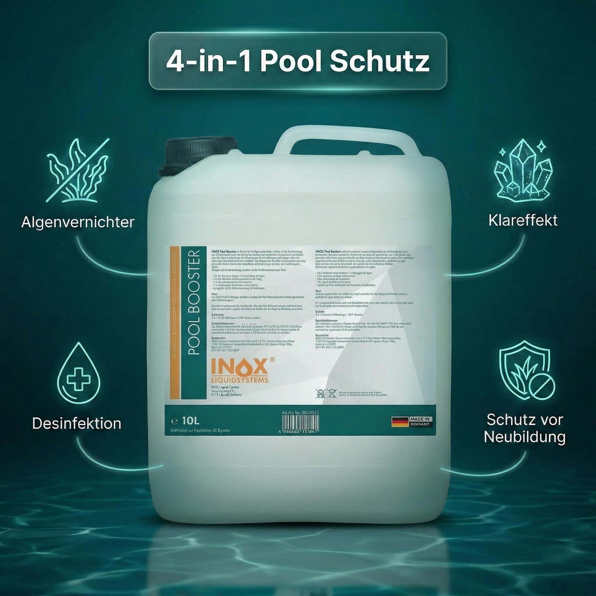 INOX® Algizid für Pool 10L – Flüssiger Algenvernichter mit Klareffekt | Hochwirksames Pool Reinigungsmittel gegen Algen, Bakterien & Keime