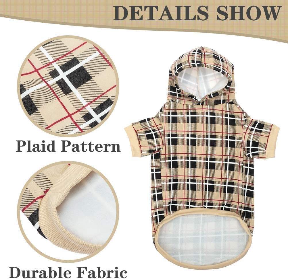 EXPAWLORER Plaid Dog Hoodie British Style - Tartan Pet Clothes Warm Dog Jumper with Lead Hole, Hooded Puppy Sweatshirt Cold Weather Clothing Outfit, Winter Coat for Small Medium Large Dogs, Beige XS - Image 3