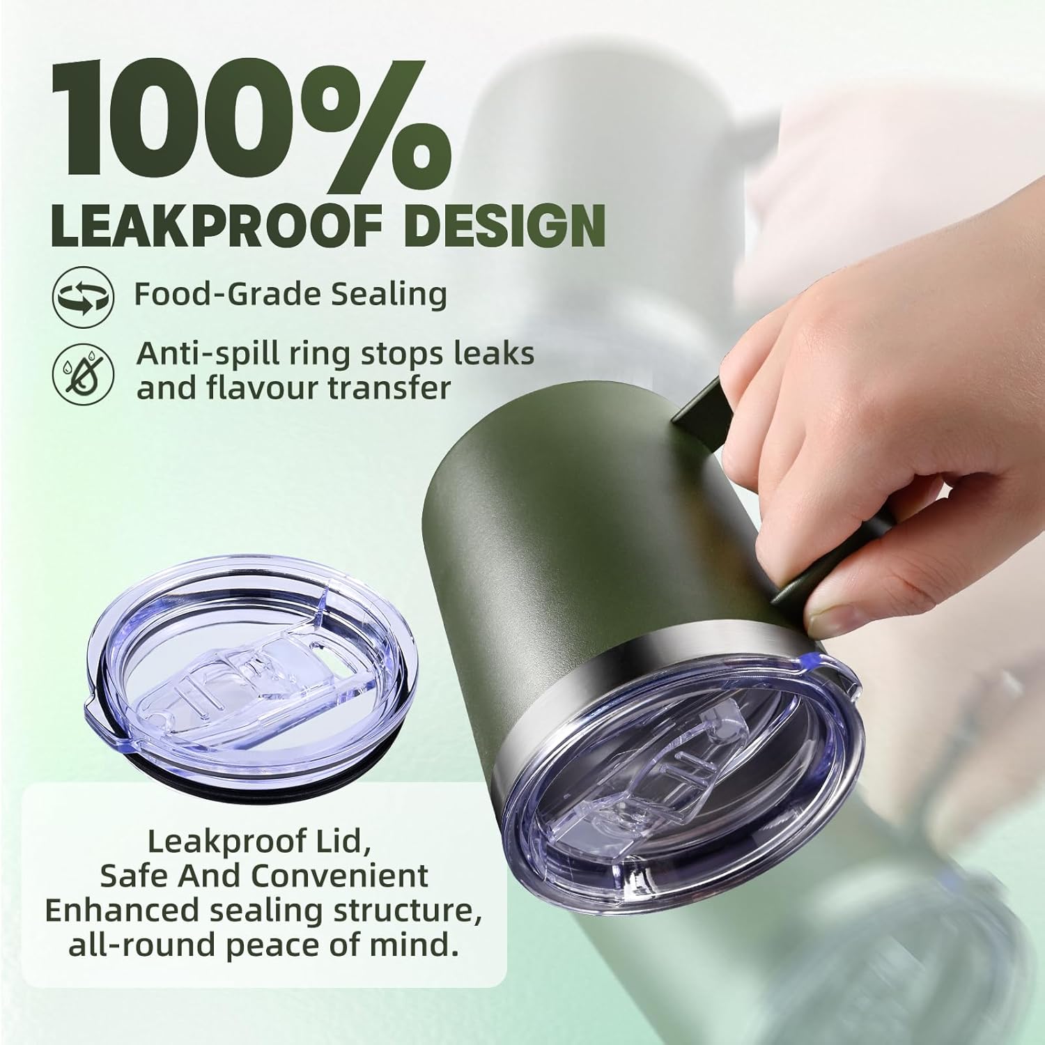 12oz Insulated Coffee Mug with Handle, Stainless Steel Wide Mouth Travel Tumblers with Lid, Double Wall Vacuum Coffee Cup for Camping, Office, Army Green 4 Pack - Image 5