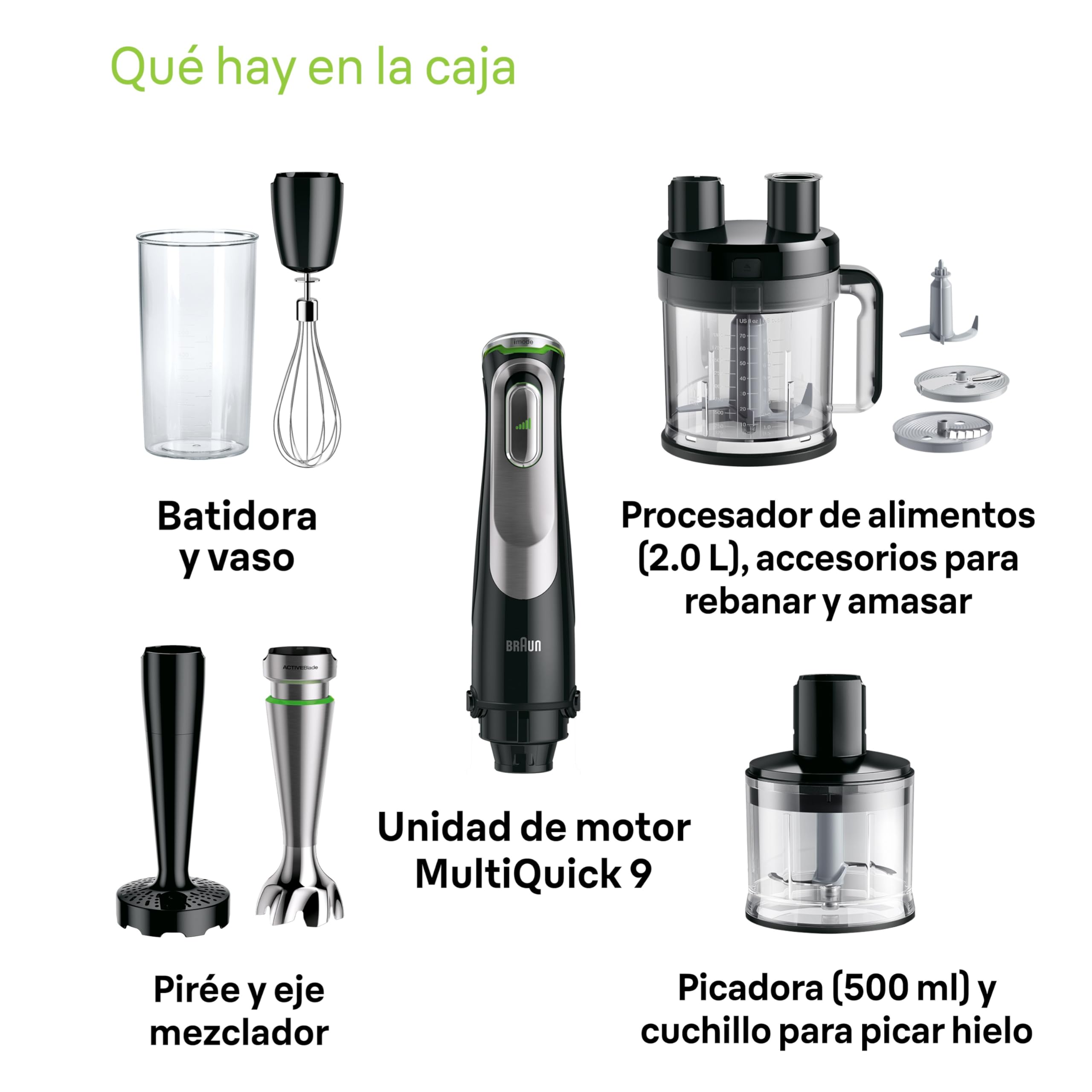 Braun Minipimer 9 - Batidora de Mano con Tecnología Anti Splash, Selección Precisa de Velocidad, Active PowerDrive, Procesador de Alimentos 1,2L, Picadora, Vaso 600 mL, 1200 W, Negro (MQ9187XLI)