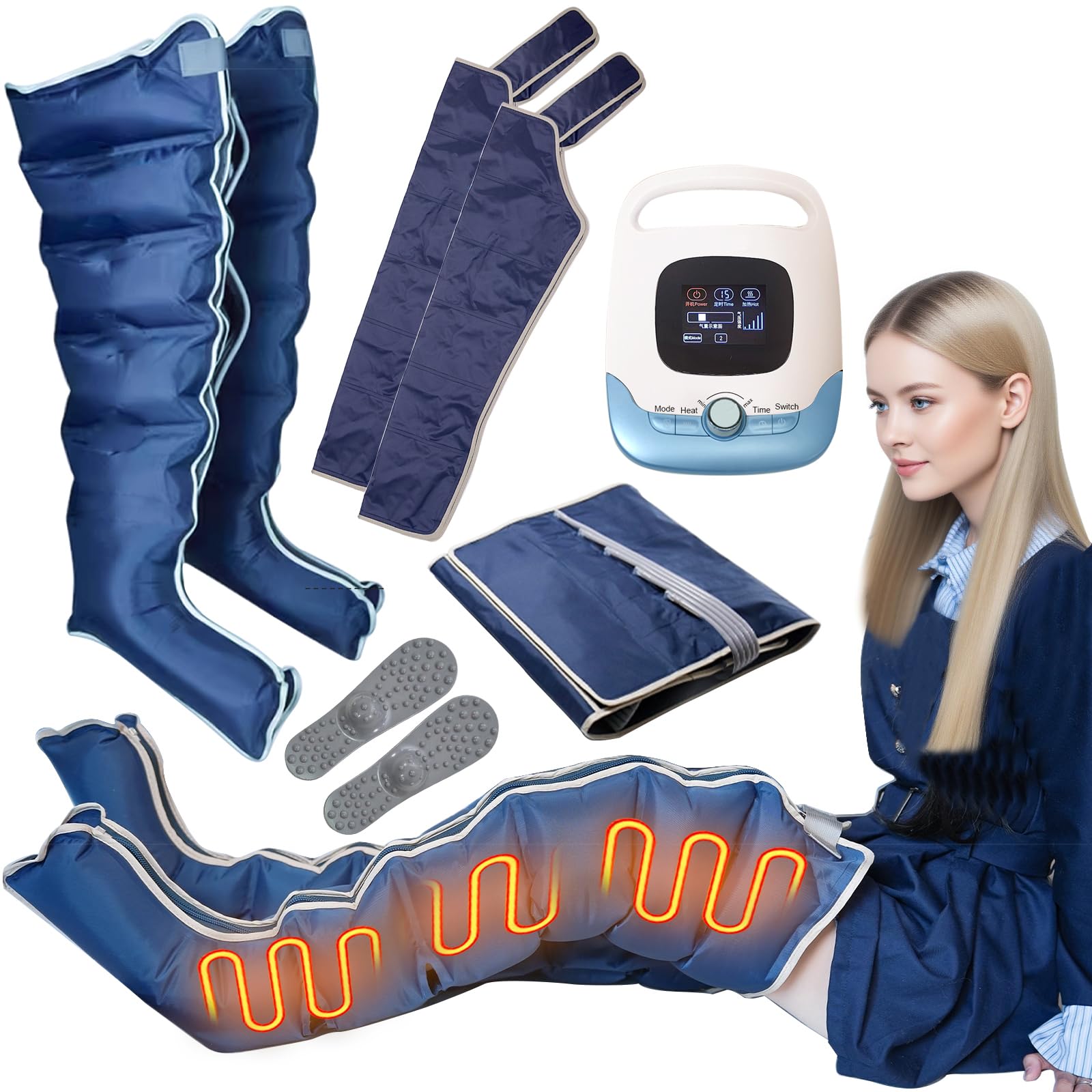 Masajeador de drenaje linfático con presoterapia y calor, 5 modos de intensidad (0-50 kPa), 2 niveles de calor, botas de compresión para piernas para uso doméstico para mejorar la circulación y aliv