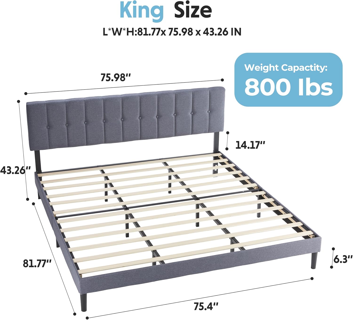 Simple Deluxe King Bed Frame with Fabric Upholstered Headboard, 800 lbs Capacity, Platform Bed with Wooden Slats Support, No-Tool Easy Assembly, No Box Spring Needed