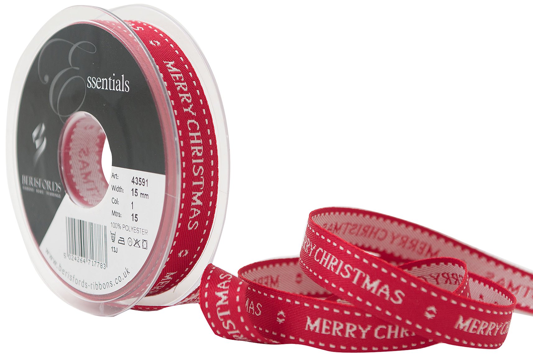 Berisfords 15 mm Cottage Christmas Wishes Ribbon, Red