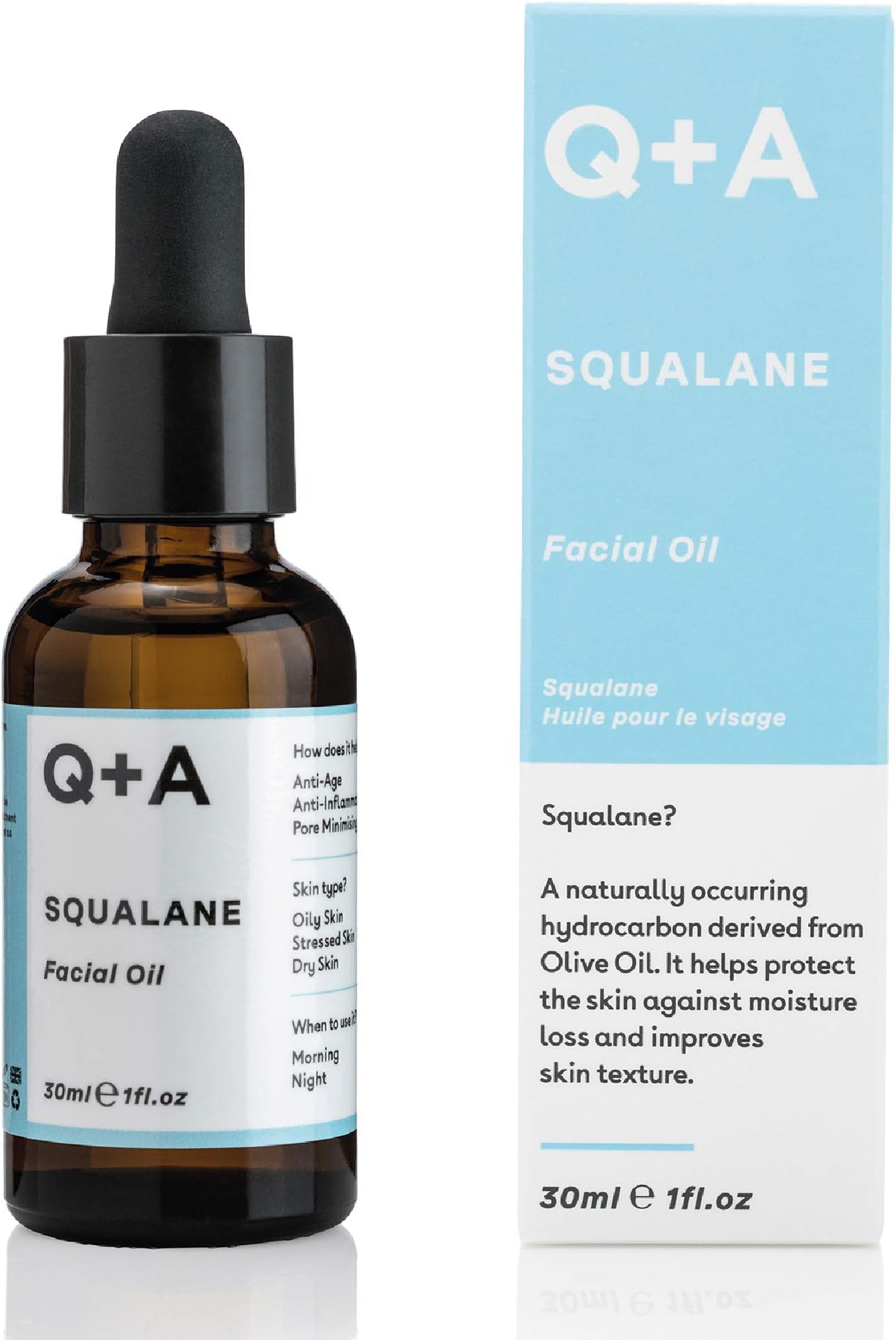 Q+A Squalane Facial Oil (30ml), Natural Hydrating Oil for Soft, Supple Skin, Vegan Formula Derived from Olive Oil, Fragrance Free Skincare, Delivers Deep Hydration for Silky Skin