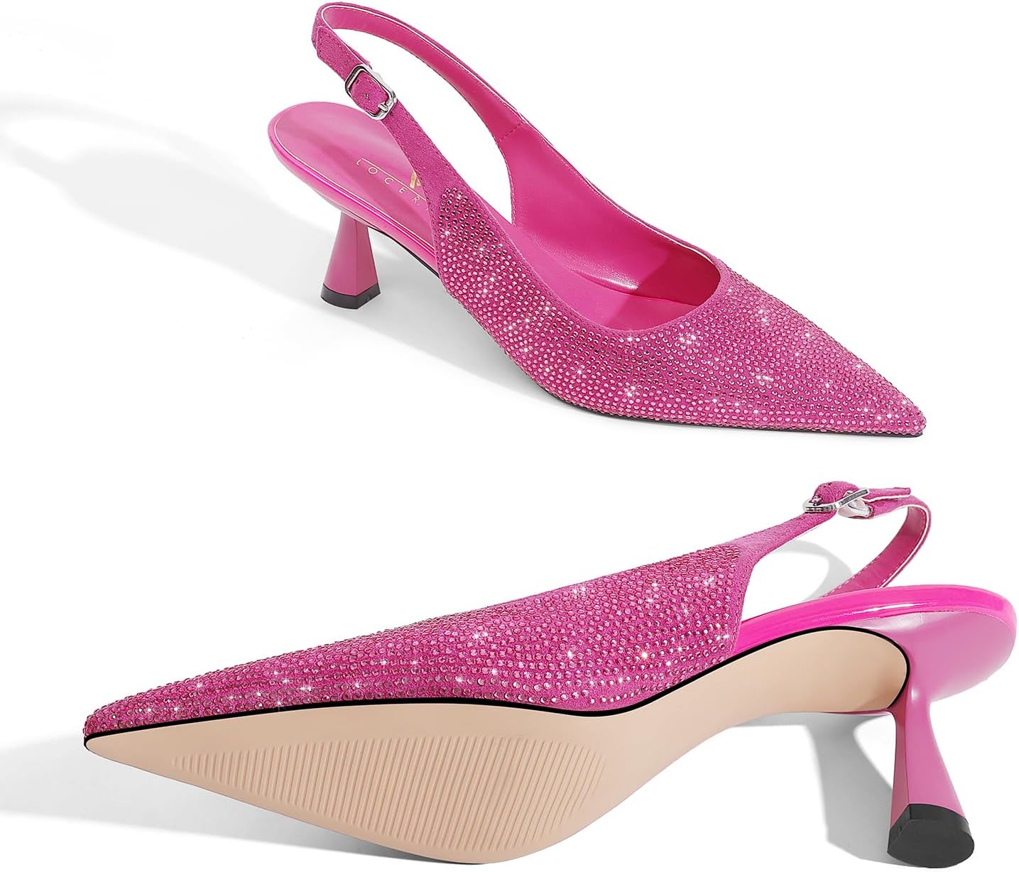 LOCERICH Women's Kitten Heels Slingback Low Heel Dress Shoes Closed Toe Pumps Rhinestone Pointed Toe Sparkly Sling Back Bridal Wedding Party - Image 7