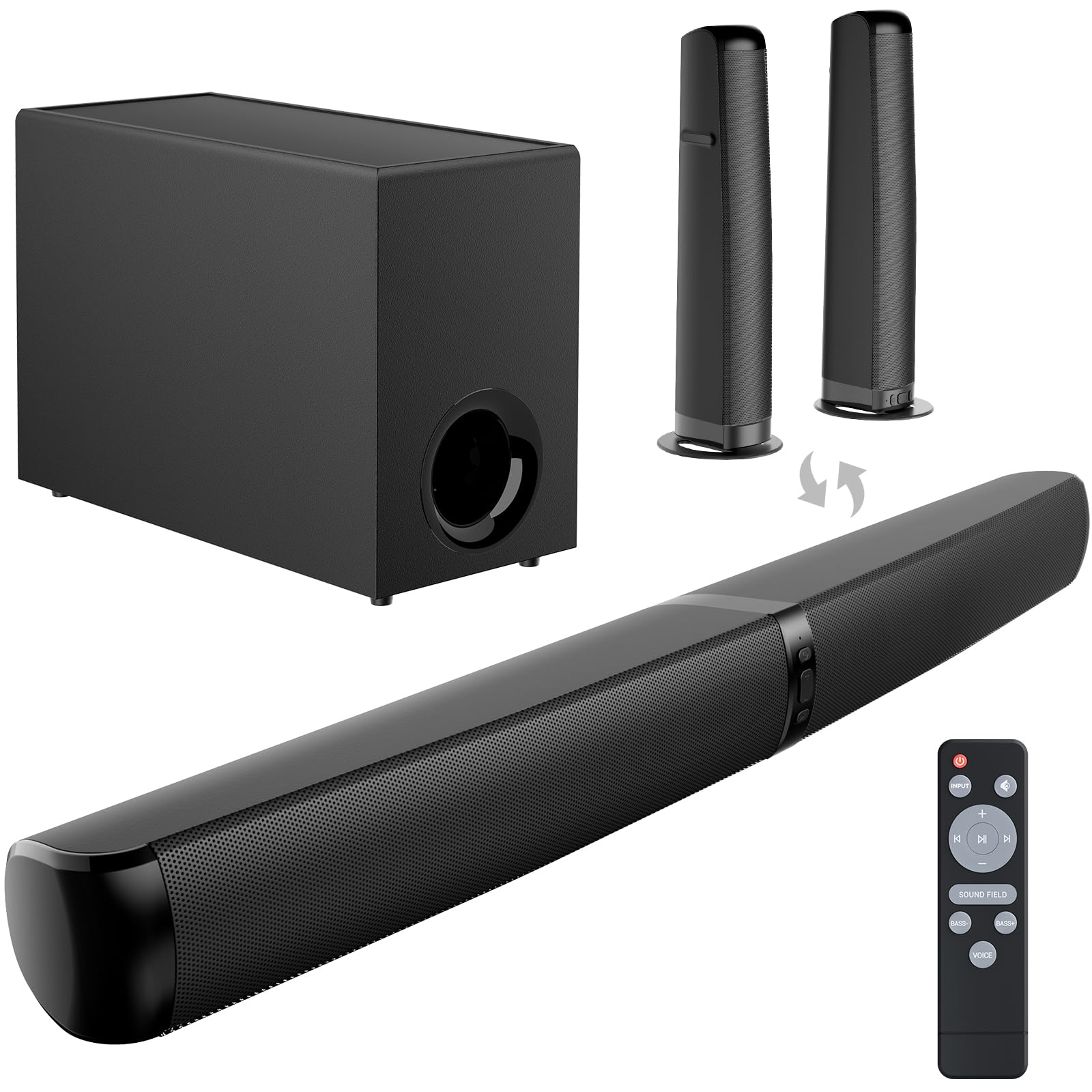 GarageRock Barre de Son avec Subwoofer pour TV, 110 W Peak 2-en-1 Présentateur avec Adjustable Deep Bass, Bluetooth 5.3/ARC/OPT/AUX, Surround Sound System pour TV/PC/Projecteurs/Cadeau, 1 Set