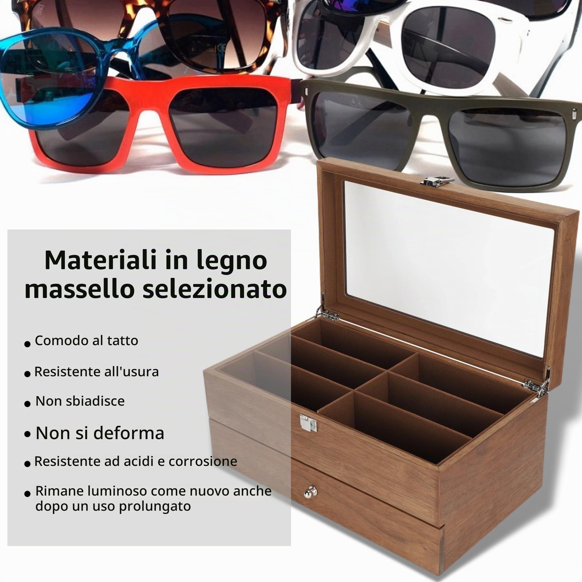 Yinhing Scatola per occhiali, scatola per occhiali da 12 slot Scatola per occhiali in legno a doppio strato Scatola per espositori Decorazione per esposizione e conservazione