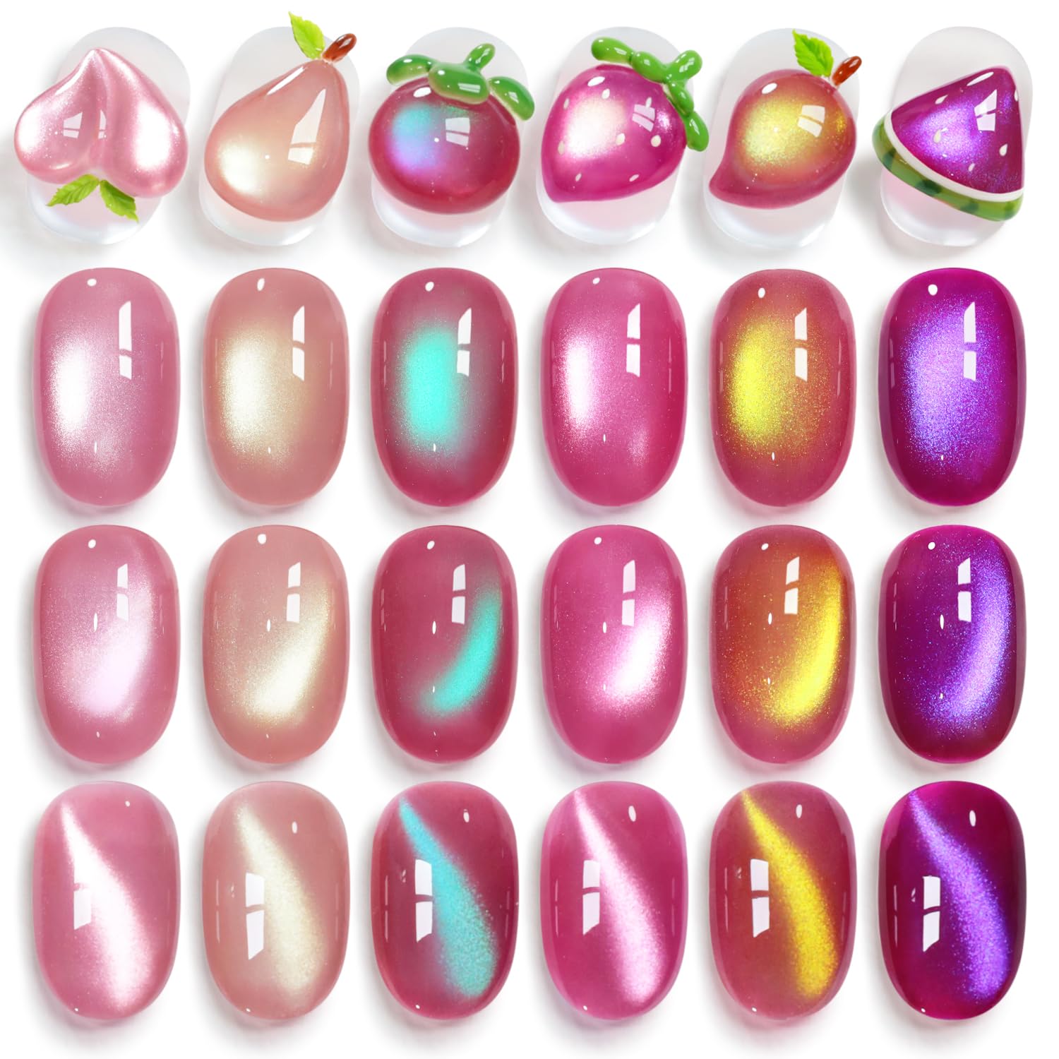 Double Rhythm Cat Eye Gel Nail Polish Set of 6 Same Color Same Bottle 0.5 Oz Shimmer Glitter with Magnet Holographic Magnetic UV Nail Polish Kit at Home (Peach Nude Pink Purple Rose-T6-106)