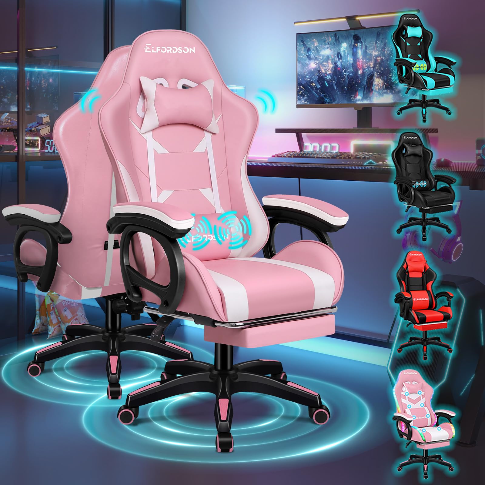 ELFORDSON Gaming Chair with 2-Point Massage Cushion, Computer Chairs for Home Office, Head Pillow High Back 150ยฐ Recliner, for Kids Adults, Pink and White