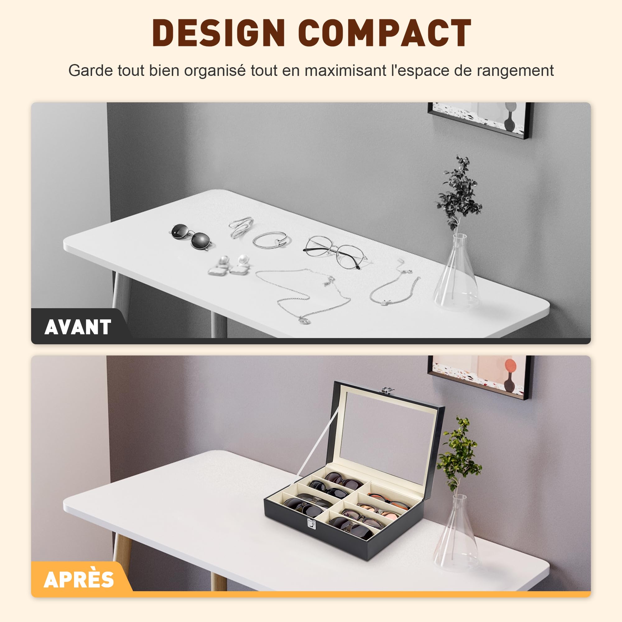 CO-Z Boîtier des Lunettes en PU Cuir, Organisateur de Lunettes de Soleil, Présentoir Lunettes de Rangement de 8/12 Compartiments
