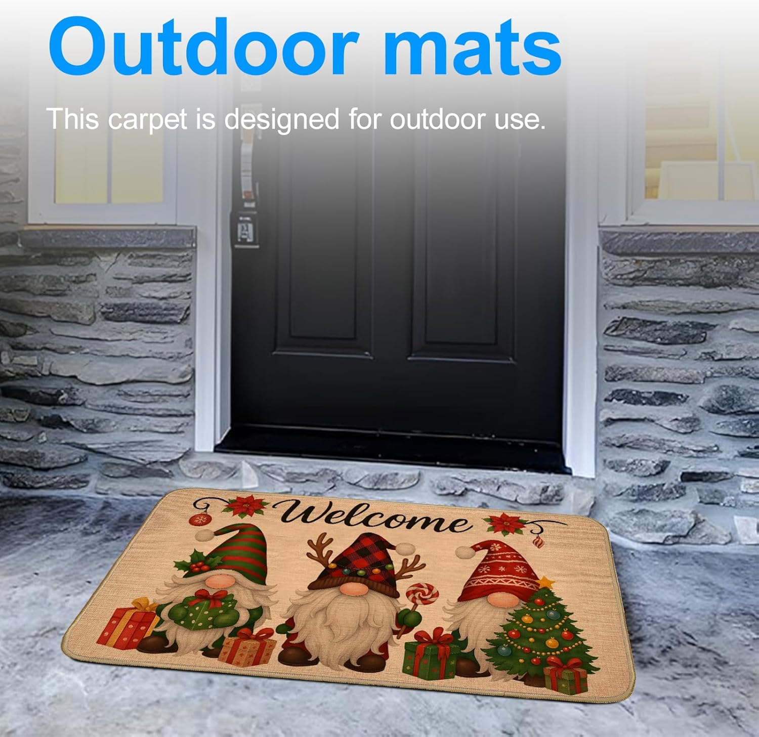 Christmas Gnome Welcome Door Mat for Outdoor Indoor Porch, 29.5"×17" Festive Holiday Gnomes Linen Doormat Floor Mat, Rustic Farmhouse Non-Slip Rug for Front Door, Kitchen, Bathroom, Home Decor, Gifts