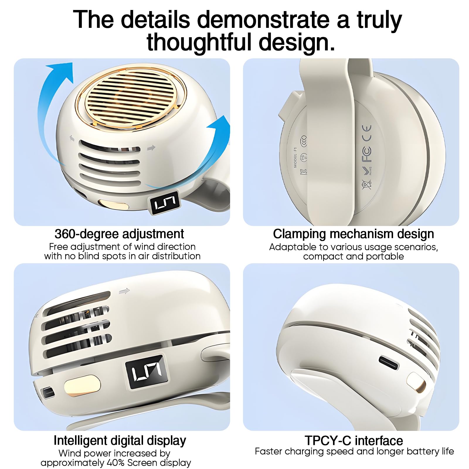 Mini ventilatore silenzioso senza pale portatile con clip, ventilatore a mani libere ricaricabile, 5 velocità, 1000 mAh, per viaggi, ufficio, camicia, regalo estivo per gli amanti del pieno