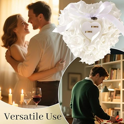 Miniatura 5 de HONEYGIFTS Wedding Ring Pillow, Irovy Ring Bearer Holder Pillows Heart Shape Rose Lace Cushion for Wedding Party Anniversary Ceromony
