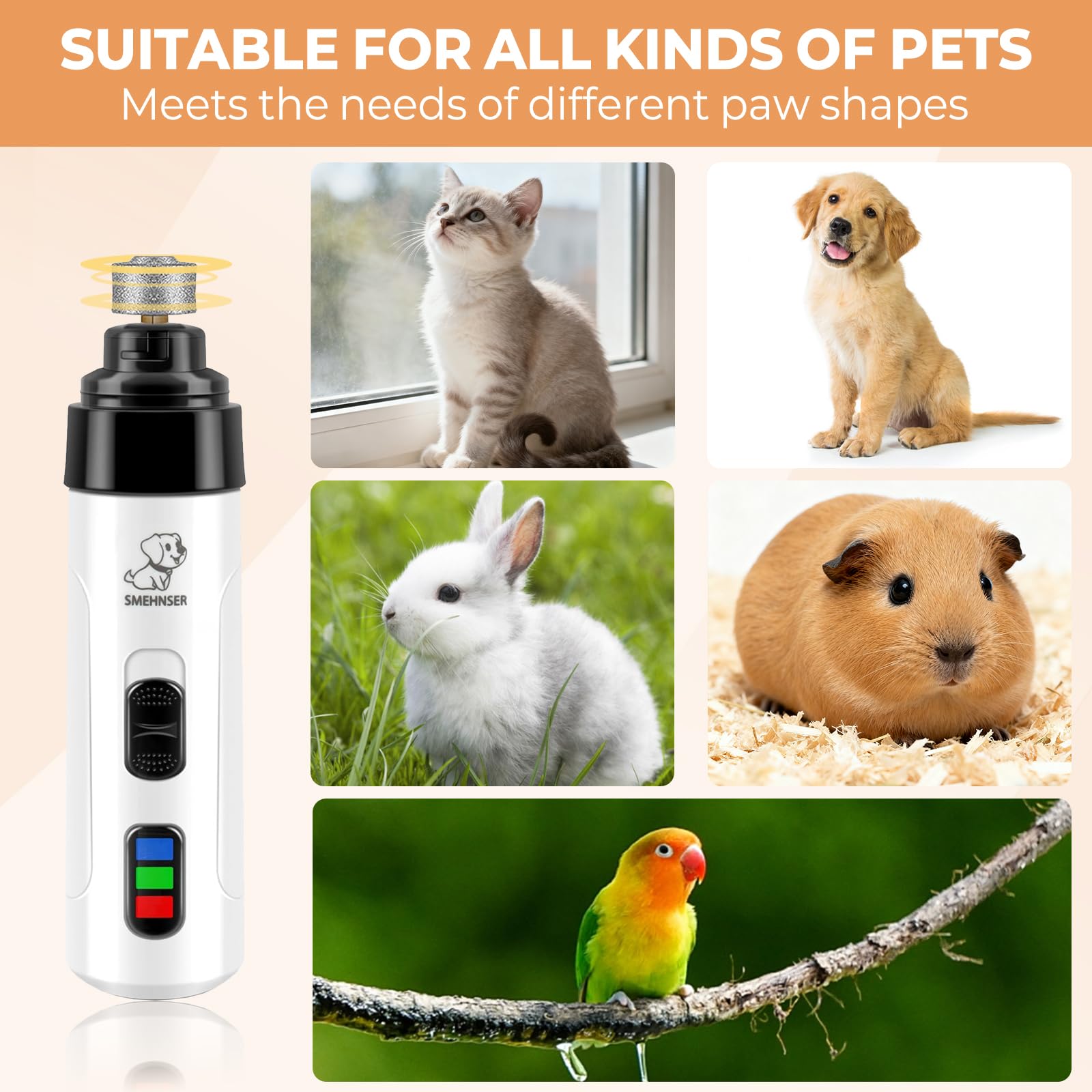 Silent Dog Nail Grinder, Electric Dog Nail Trimmer, USB Rechargeable Pet Nail Grinder, Painless Paws Grooming for Small Medium Large Dogs & Cats with 4 Grinding Heads - image 6