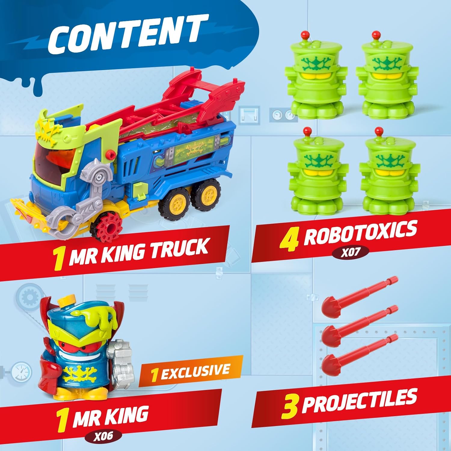 SUPERTHINGS KAZOOM Power - Mr. King Truck - Clan TV Series Kazoom Power Mr King Truck - Contains 1 Mr King Truck, 1 Mr King Exclusive, 4 Robotoxics, 1 Trigger and 3 Projectiles
