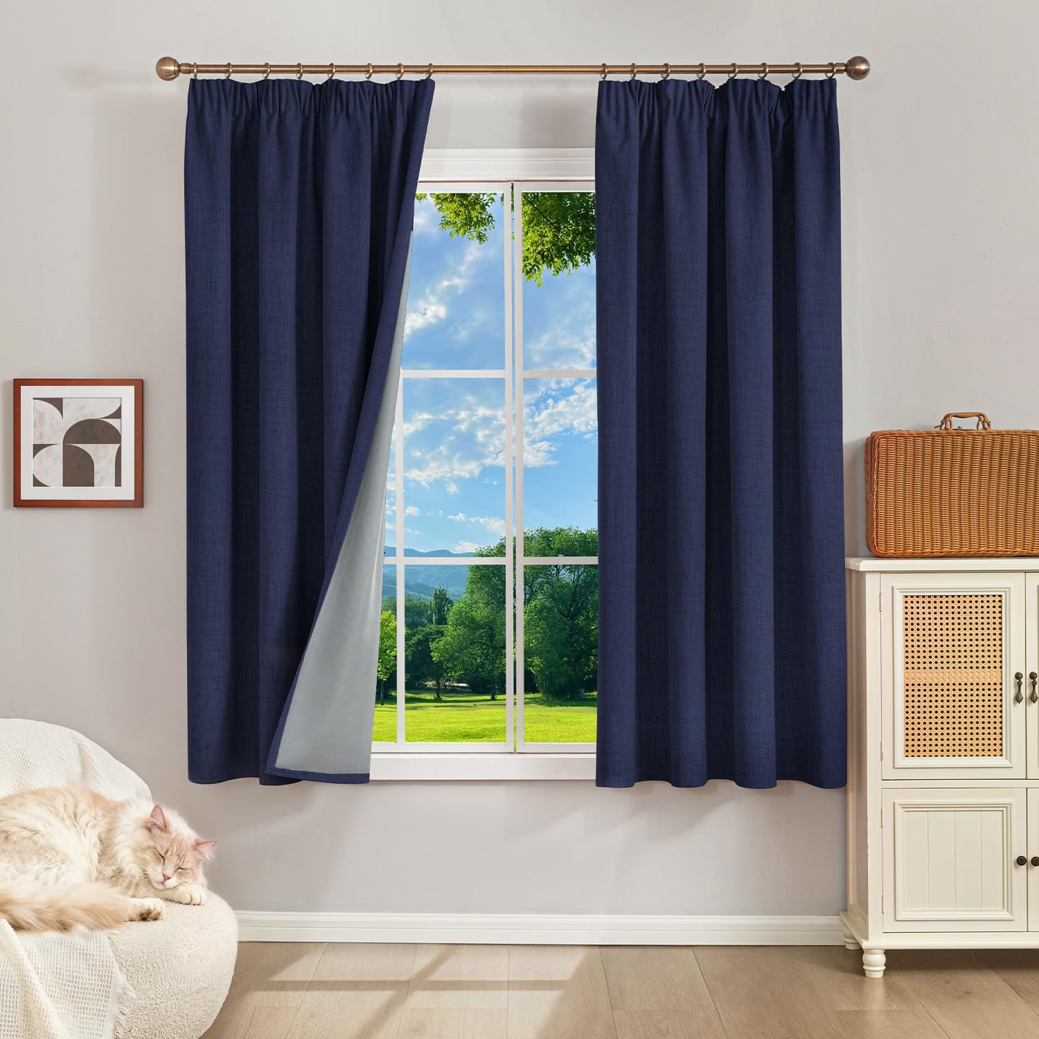 Runyéla 100% Blackout Curtains Pencil Pleat Linen Curtain for Bedroom Living Room Thermal Insulated 46 x 54 Inch Drop 2 Panels Denim Blue