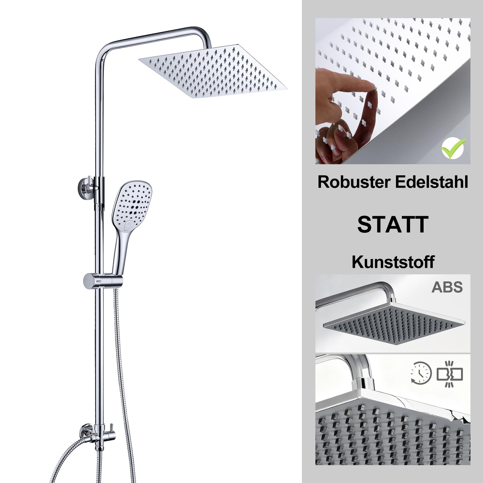 JOHO Colonna Doccia senza Miscelatore Termostatico in Acciaio INOX 304 Cromato Colonna Doccia idromassaggio Set Doccia a Pioggia con Soffione e Doccetta a Mano (20×20cm Quadrato)