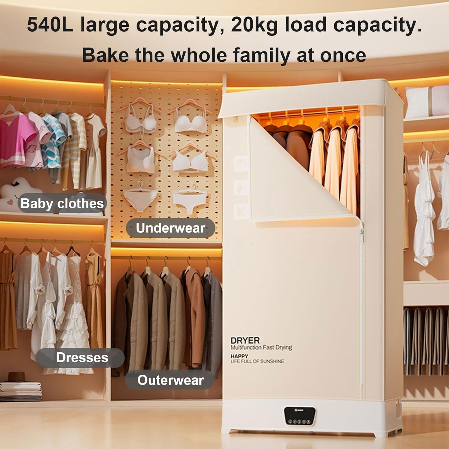 Asciugatrice elettrica compatta, Armadio a Vapore Pieghevole Portatile da 1500W con Touch Screen e Timer, Armadio per bucato di capacità 540L per Esigenze di Asciugatura Domestica e di Viaggio