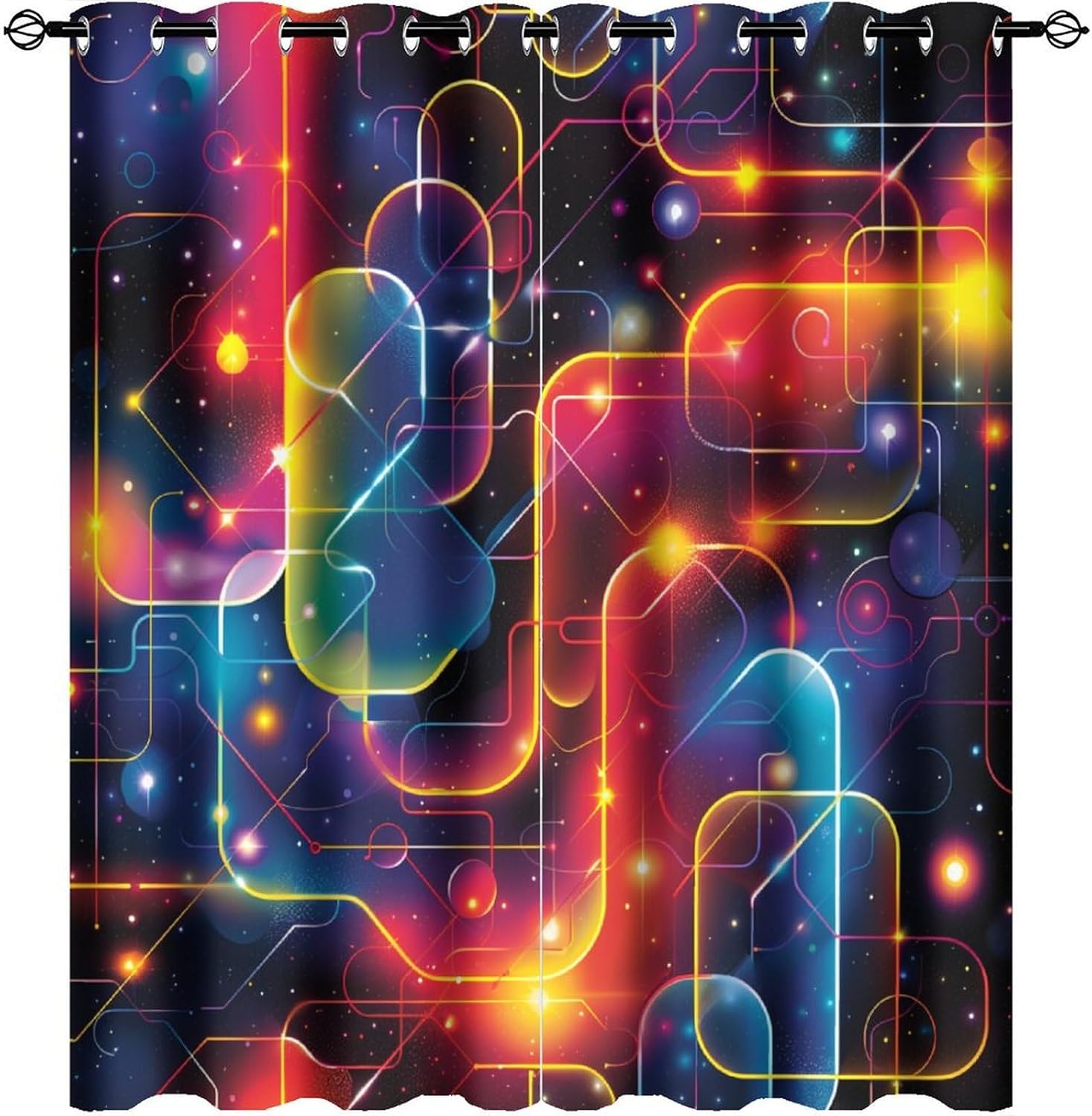 Abstract Neon Grid Curtains for Bedroom, Fantasy Black Light Geometric Grommet Blackout Curtains Thermal Insulated Window Drapes for Living Room, 21W x 45L, 2 Panels