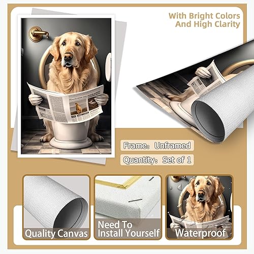 Vista 7 de KOEUIRW Divertido lienzo de baño Golden Retriever para pared, póster de perro lindo en el inodoro, impresiones de animales en blanco y negro