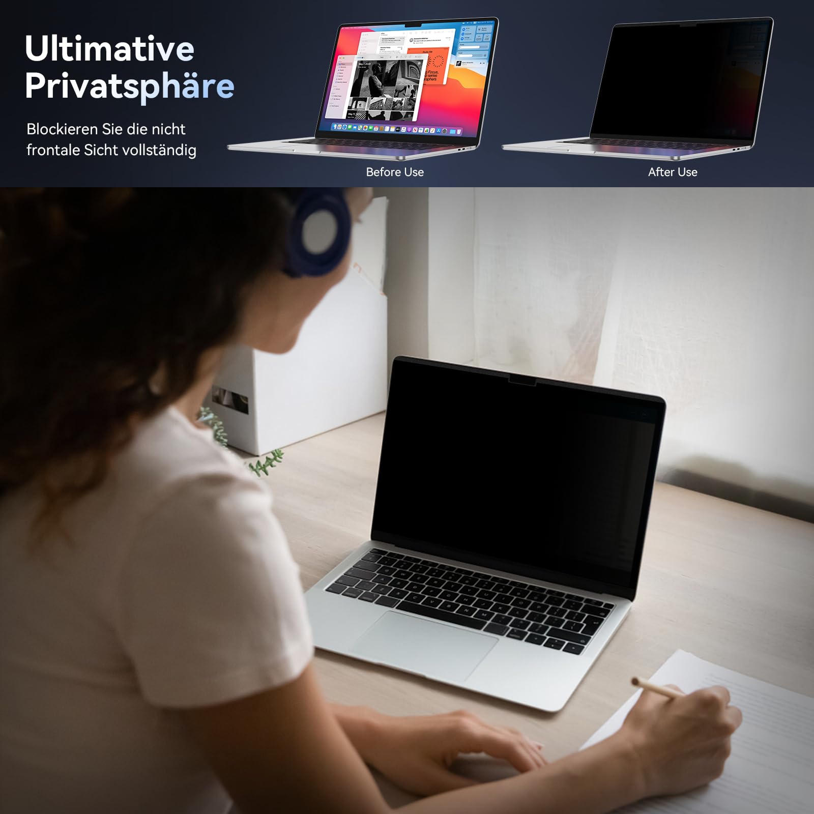 Hinnwer Magnetischer Blickschutzfilter für MacBook Air 15 Zoll 2023-2025 (M4 /M3/M2 Chip), Anti-Fingerabdruck, PET Displayschutz, Abnehmbarer Anti Blaulicht Blendschutz Laptop Sichtschutzfolie