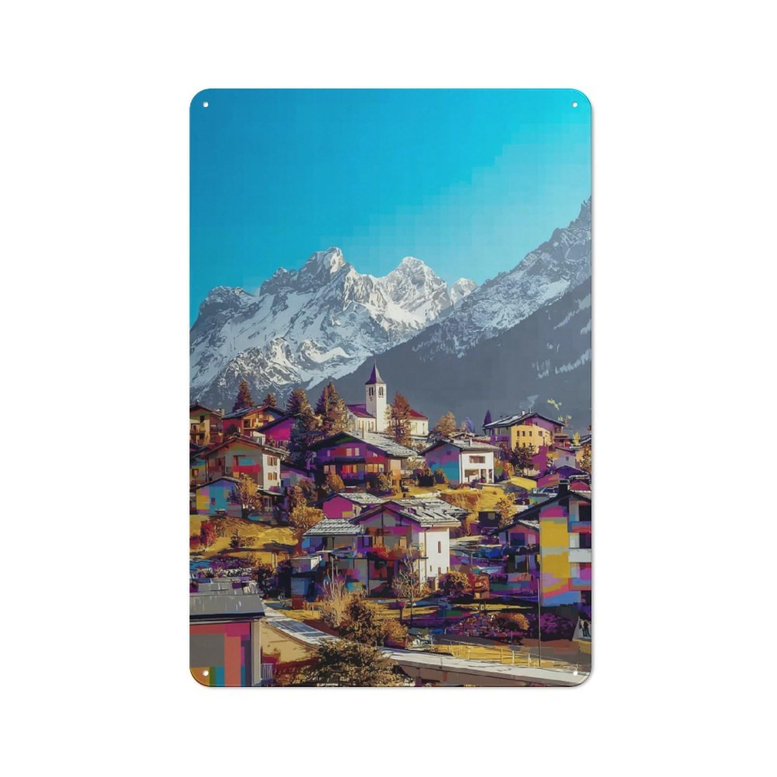 Junmoney Colorful Alpine Village With Snow-Capped Moun Tains Vintage Tin Sign 30X20cm, Rustic Bistro Wall Plaque For Kitchen, Cafe, Pantry Or Dining Room