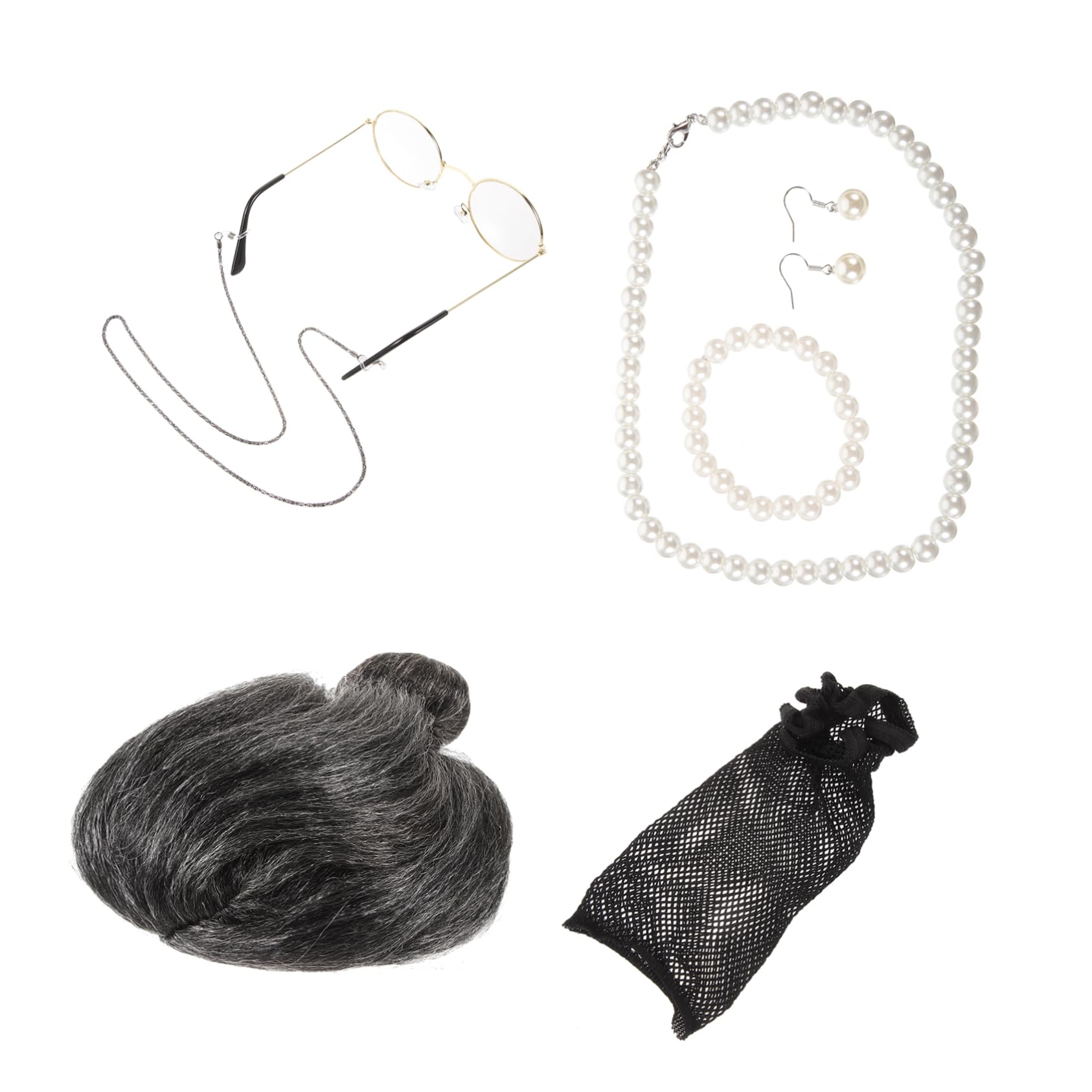 Healeved 5 Sätze Großmutter Perücke Kostüm Accessoires für Halloween und Karneval Teiliges Cosplay Set mit Brille und Perlenkette für Partys und Bühnenaufführungen