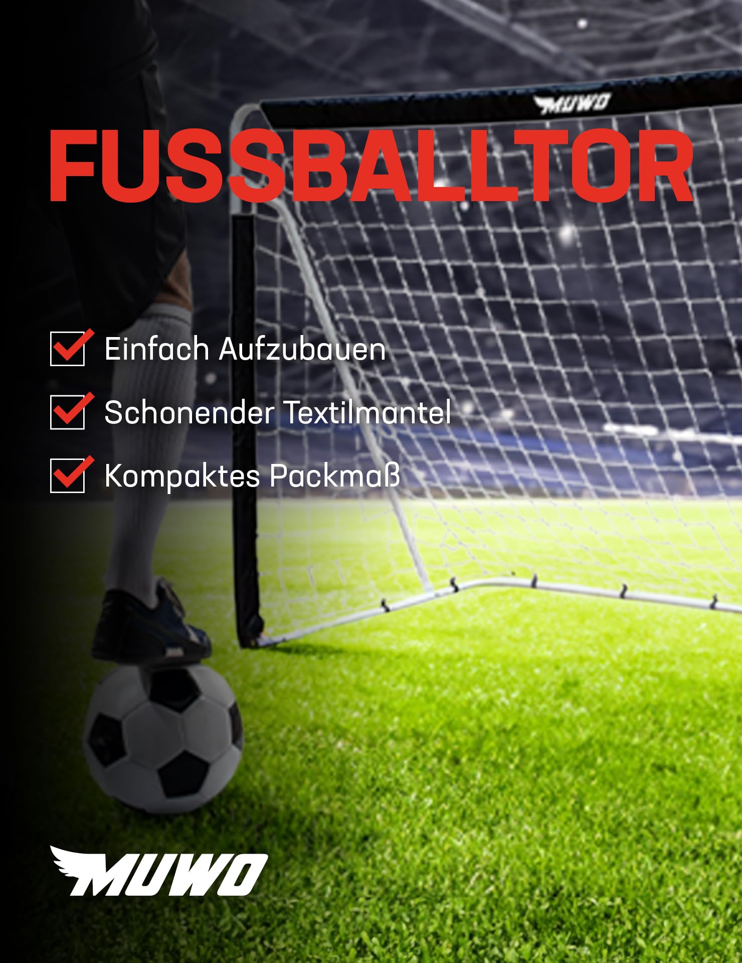 MUWO Fußballtor aus Stahl mit Textilmantel 240 x 150 cm, wetterfest und Outdoor geeignet, für Hof und Garten, zum Trainieren und für Freundschaftsspiele