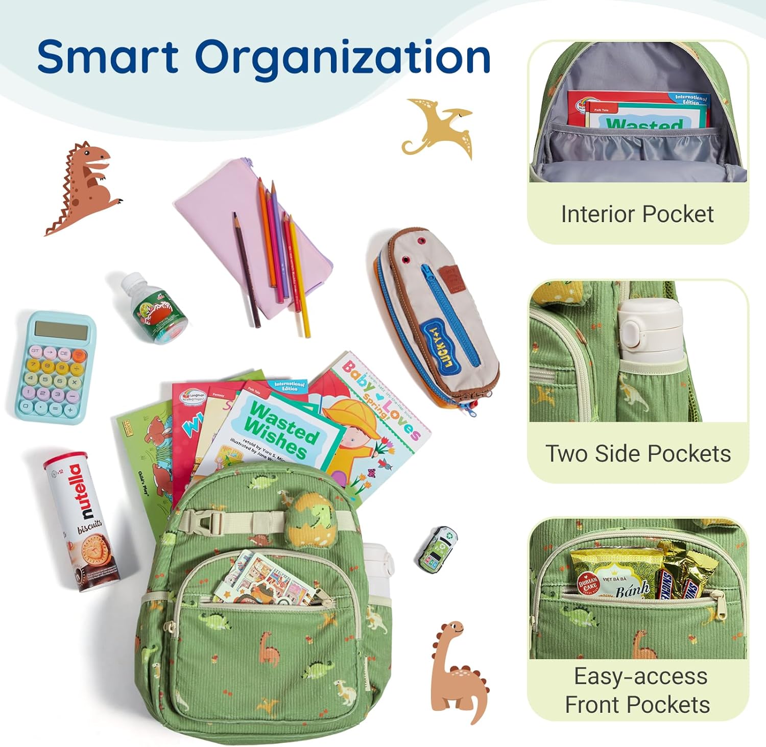 mommore Toddler Backpack for Boys 2-4, Corduroy Kids Backpack, 13" H Preschool Kindergarten Daycare School Bag Dinosaur Bookbag - Image 3