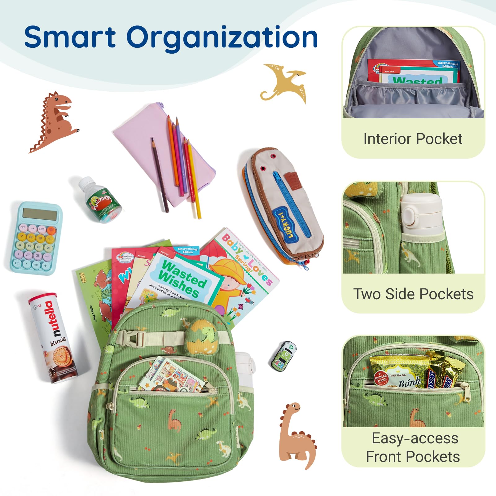 mommore Toddler Backpack for Boys 2-4, Corduroy Kids Backpack, 13" H Preschool Kindergarten Daycare School Bag Dinosaur Bookbag - 3