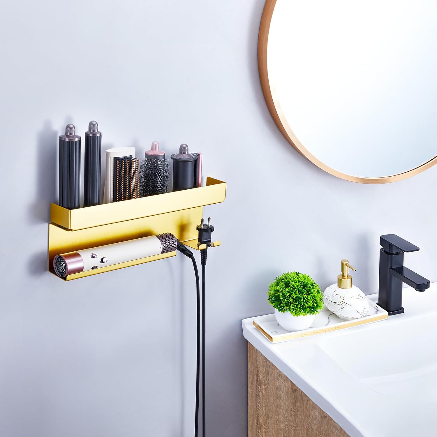 Blow Dryer Holder Wall Mounted Hair Straightener Holder, Blow Dryer and Curling Iron Holder for 7 in 1 Styler Attachments, Hair Dryer Holder, Bathroom Hair Tools Organizer (Gold)