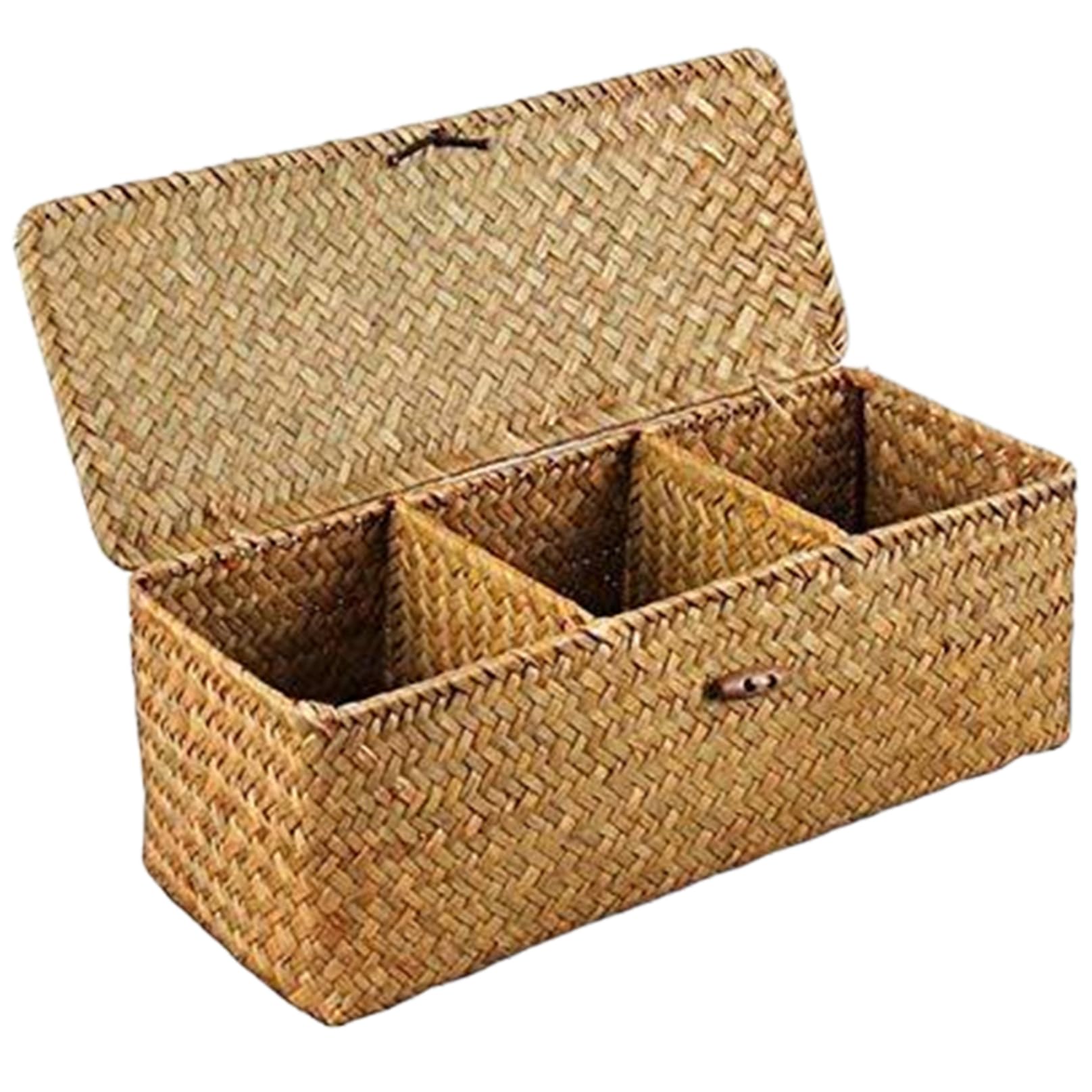 Wedhapy Storage Baskets with Lids Wicker Basket with Lid, 13x5x4 3-Section Wicker Storage Basket, Rectangular Woven Toilet Roll for Desktop Organizing