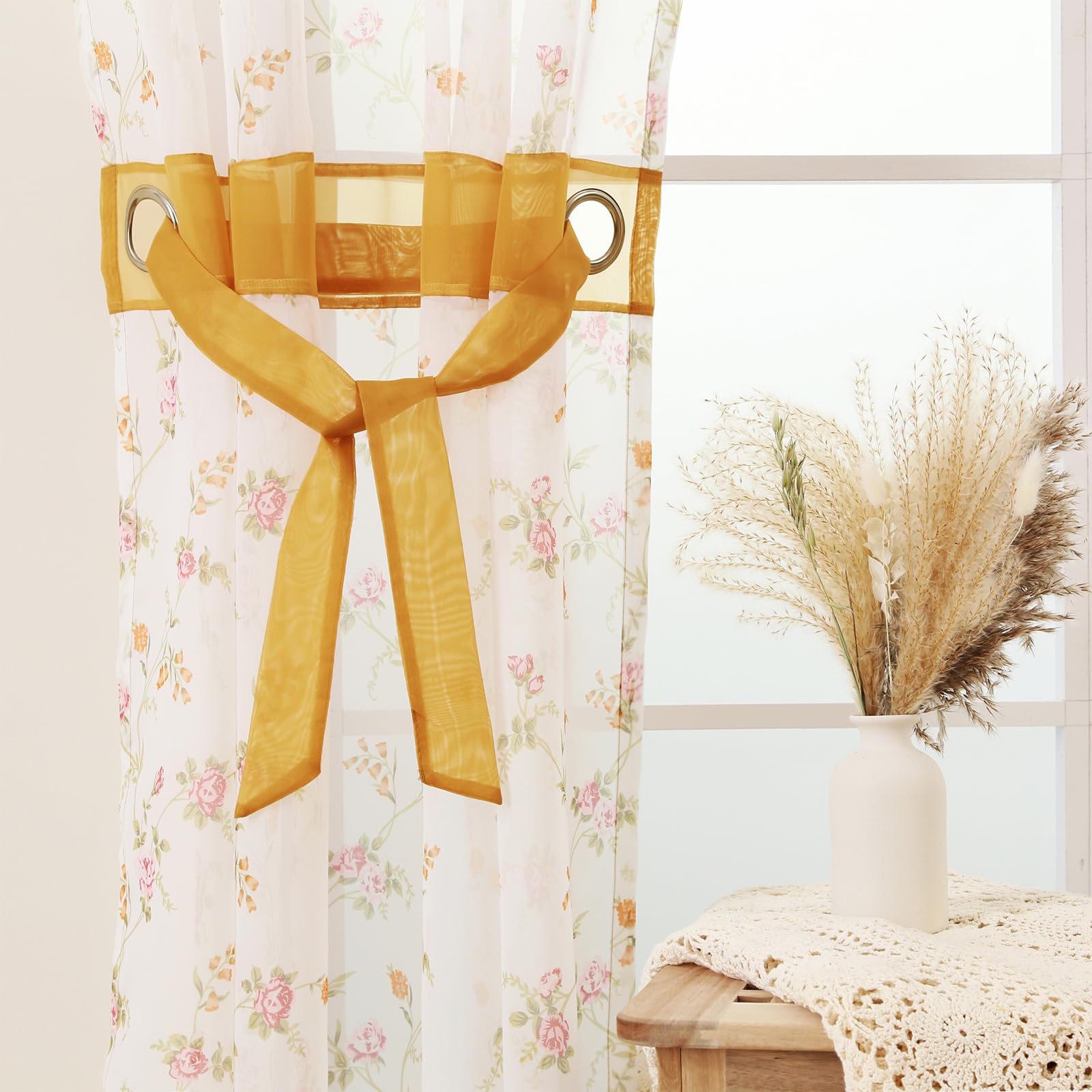 L.Z.E Floral Sheer Curtains for Living Room 96 Inches Drop 2 Panels Set - Image 3