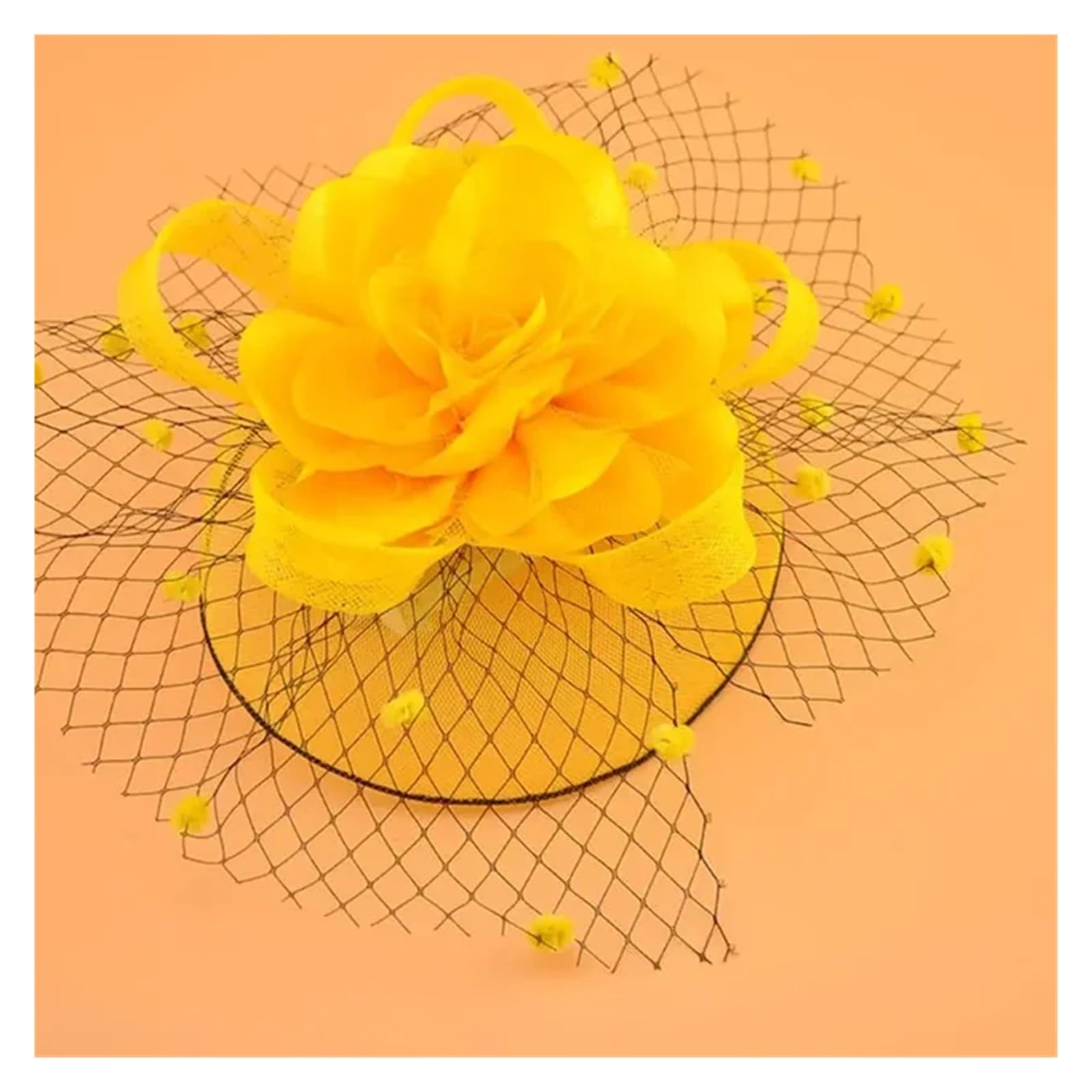 UALXPAO Wedding Hats Women Mesh Fascinator Cocktail Tea Party Hat Hair Accessories Wedding Church Headwear with Veil Flower Dots for Tea Party,Weddings(Yellow)