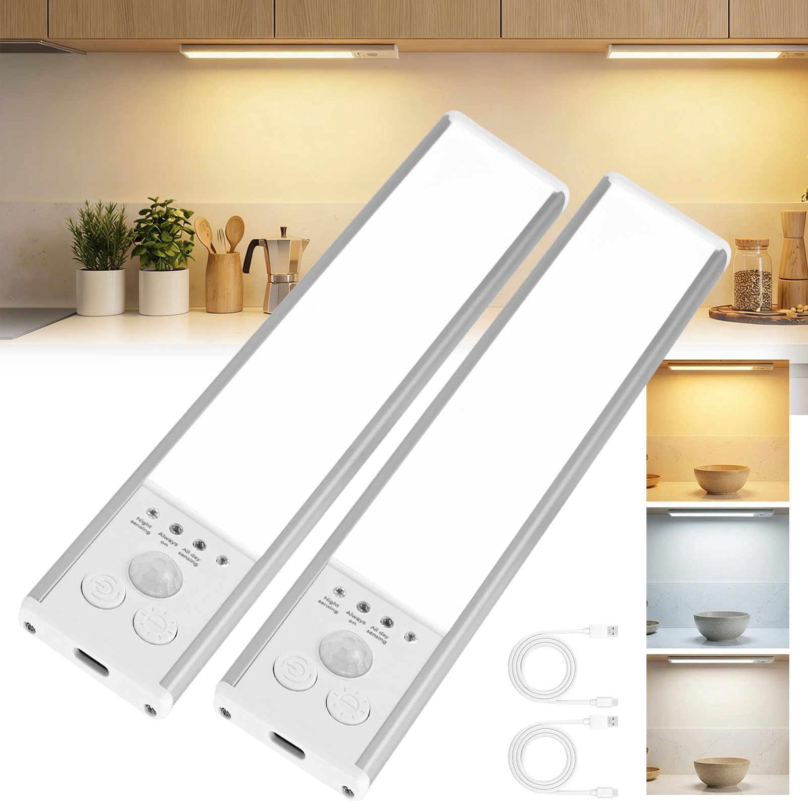 Under Cabinet Kitchen Lights 2 Pack, Wardrobe Lights Motion Sensor Indoor LED Rechargeable, 3 Color Dimmable Magnetic Under Counter Lights, Wireless Battery Powered Strip Light for Pantry Stairs 20cm