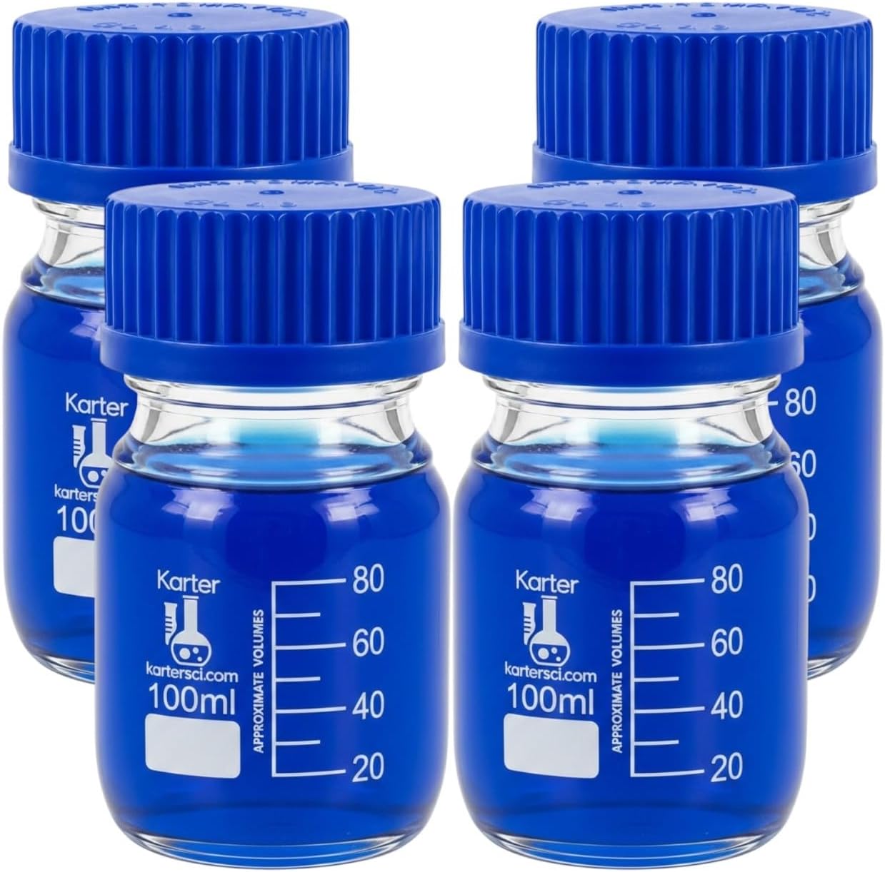 Karter Scientific 100ml Glass Round Media Storage Bottles with GL45 Screw Cap, Borosilicate Glass, 251X9 (Pack of 4)