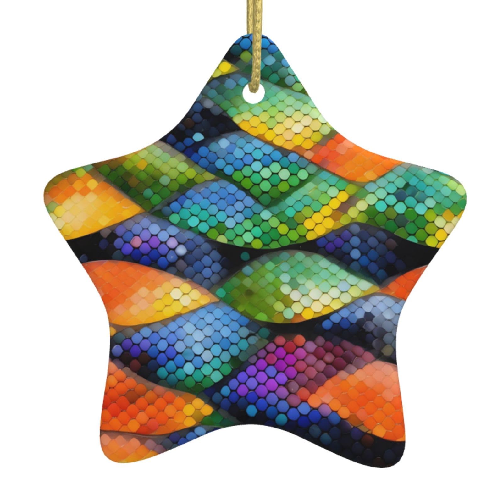 Rainbow Fish Scale Christmas Ceramic Star Pendant with Punched Holes and Gold Wire Rope, Christmas Tree Home Decoration